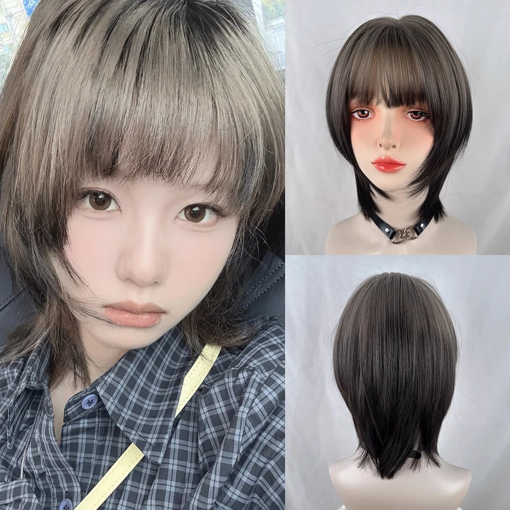 الاصطناعية قصيرة مستقيم أومبير براون شعر مستعار مع الانفجارات لوليتا تأثيري المرأة شعر مستعار رقيق مقاومة للحرارة للحزب اليومي