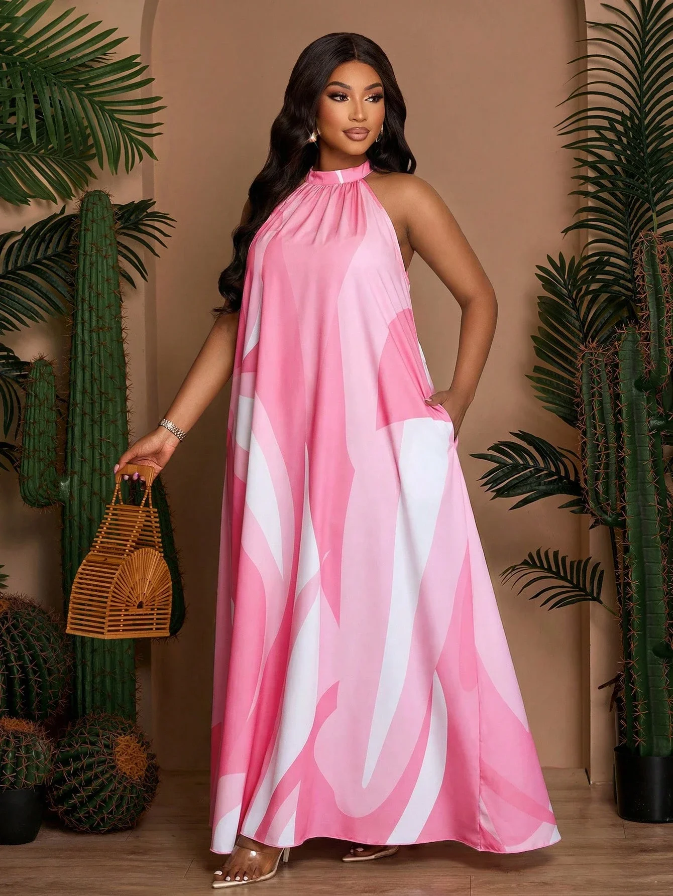 

Plus Size Women's Loose Sleeveless Halter Neck A-Line Printed Long Dress With Side Pockets
