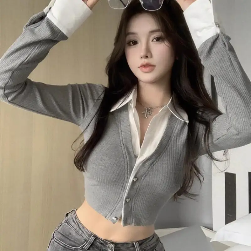 

Pure desire sweet girl short style lapel top, women's spring and autumn fashion versatile fake two-piece interior bottom shirt