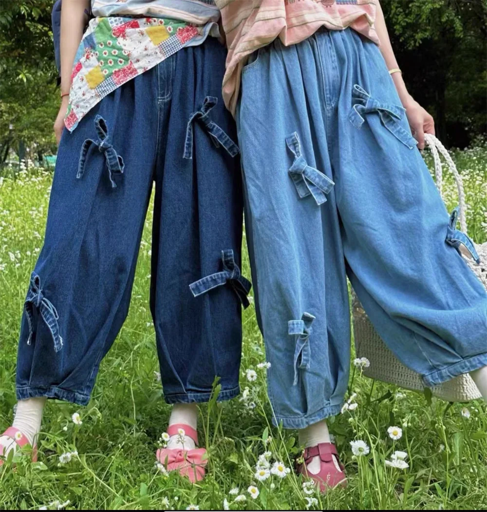 

Mori kei clothing Japanese retro bow blue jeans for women autumn elastic waist denim pants sweet lolita cute clothes