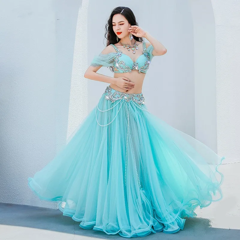 Oriental Dancing Competition Clothing Belly Dance Suit Diamond-Studded Sling Bra Split Big Swing Skirt Performance Clothes Set