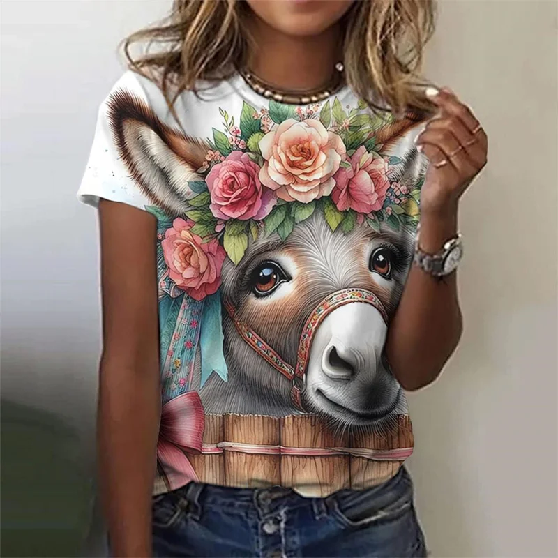 

Cute Cow Donkey Pattern T-Shirts Animals 3D Print Women's O-Neck Short Sleeves T Shirt Y2k Harajuku Tees Tops Female Clothing