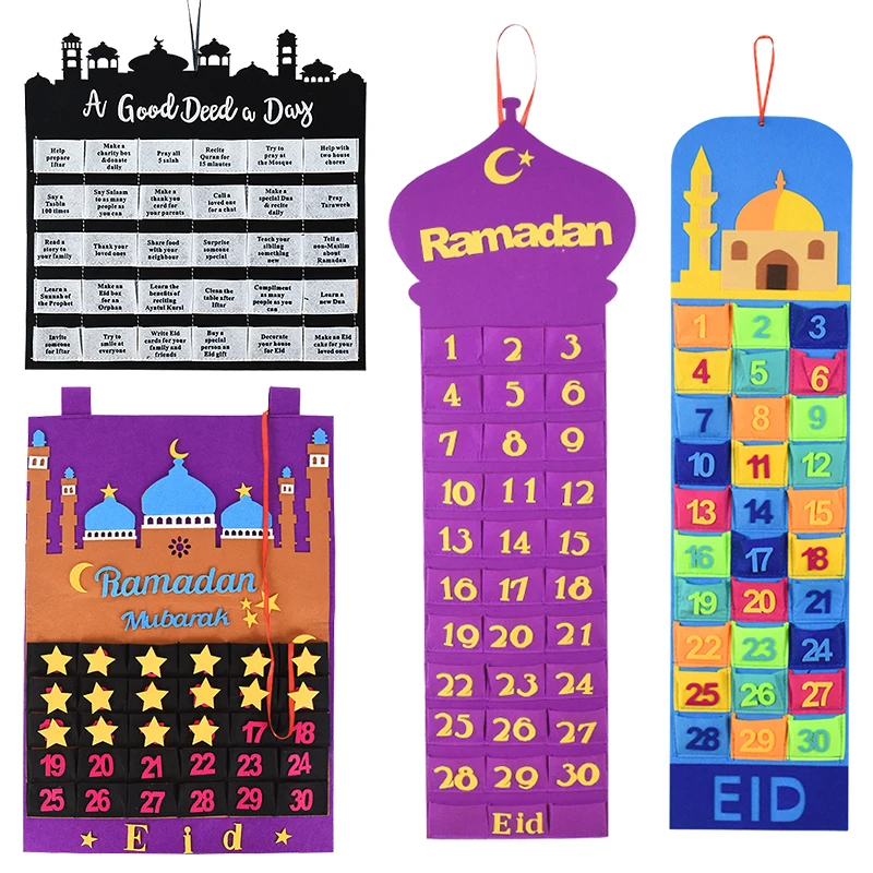 

Ramadan Kareem Countdown Advent Calendar Eid Mubarak Decoration With 30 Reusable Stars Gift Pockets Wall Hanging Decor Supplies