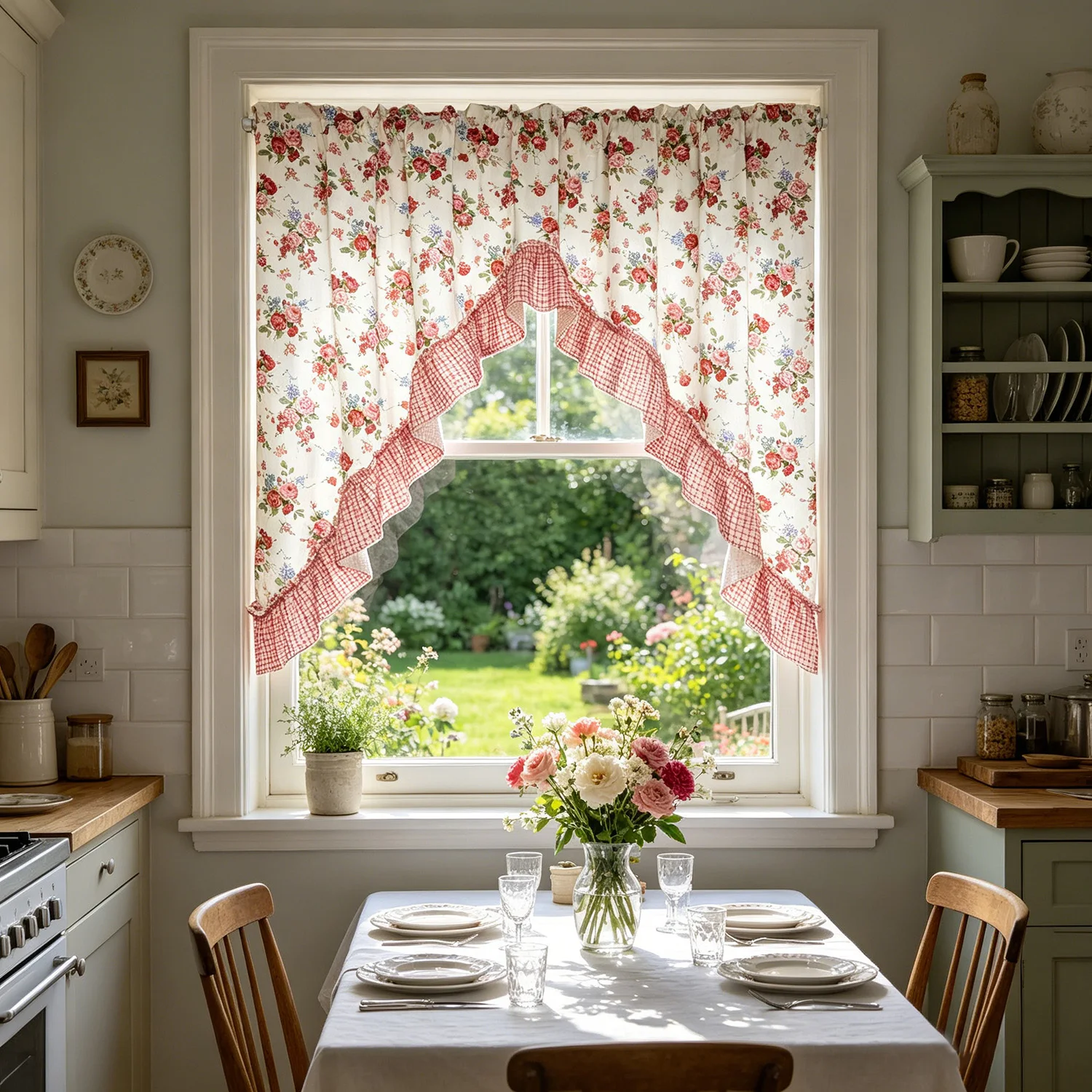 Farmhouse Floral Kitchen Curtain, Vintage Rose Print Ruffled Triangle Valance Curtain, Rod Pocket Light Filtering Door Curtain