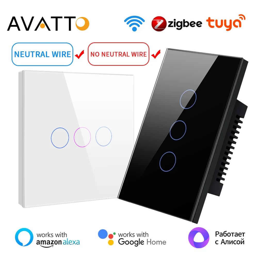 AVATTO-Interruptor de Luz Inteligente Tuya, WiFi, Zigbee, Fio Neutro Necessário, Nenhum Fio Neutro Necessário, Funciona com Alexa, Google Home,Alice