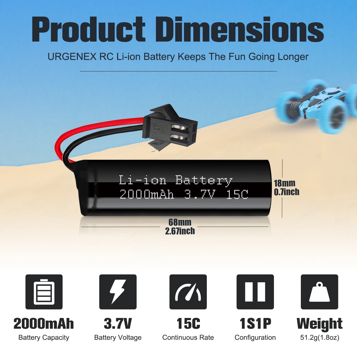URGENEX 3.7V 2000mah Li-ion Battery with SM-2P Plug 15C RC Recgargeble Battery Compatible with DE45 DE42 RC Cars