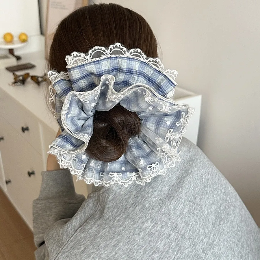

Blue Plaid Scrunchie Double Layer 3D Lace Edge Retro Girly Elastic Hair Tie 2026 New for Daily Festival Use