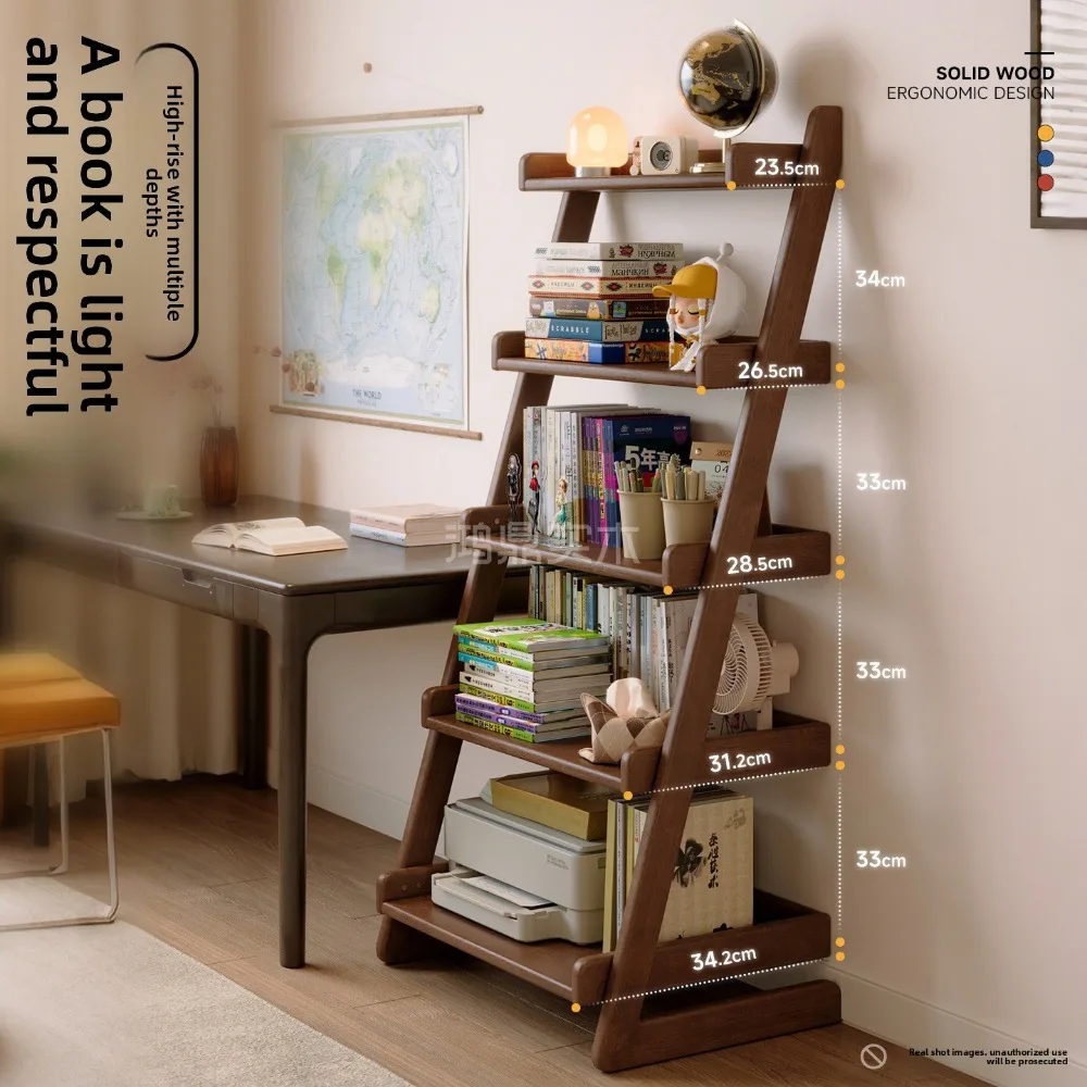 Vintage walnut solid wood bookshelf, floor standing storage rack, trapezoidal storage rack, thickened solid wood display rack