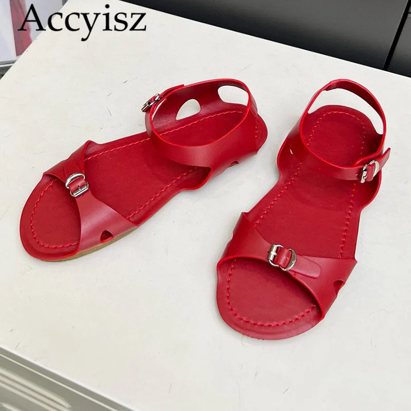 

Summer Minimalist Open Toe Metal Buckle Decorative Sandals 2024 Solid Color Women's Lightweight Outdoor Vacation Beach Sandals