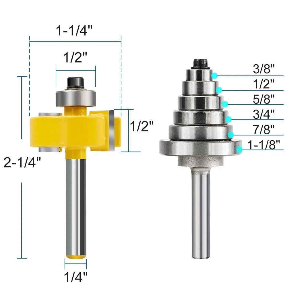 Fresa 1/4 Shank Rabbet Router Bit con 6 cuscinetti tenone regolabile Cutter T Slot fresa Set per la lavorazione del legno