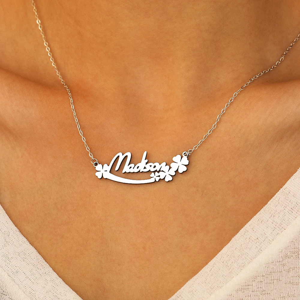 Personalized Custom Name Necklace Stainless Steel Four-Leaf Clover Inlay Ladies Sweet Jewelry Birthday Valentine's Day Gift