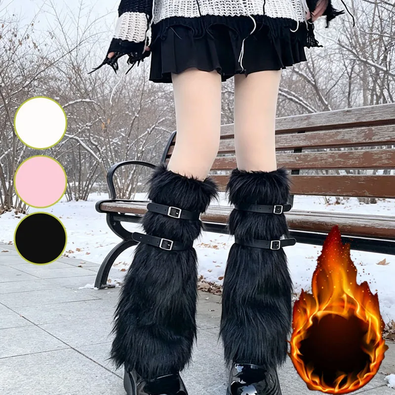 Autumn and Winter Y2K Faux Fur Leg Warmers Mid Calf Buckle Plush Boot Covers for JK Cosplay Stacked Warm Winter Socks