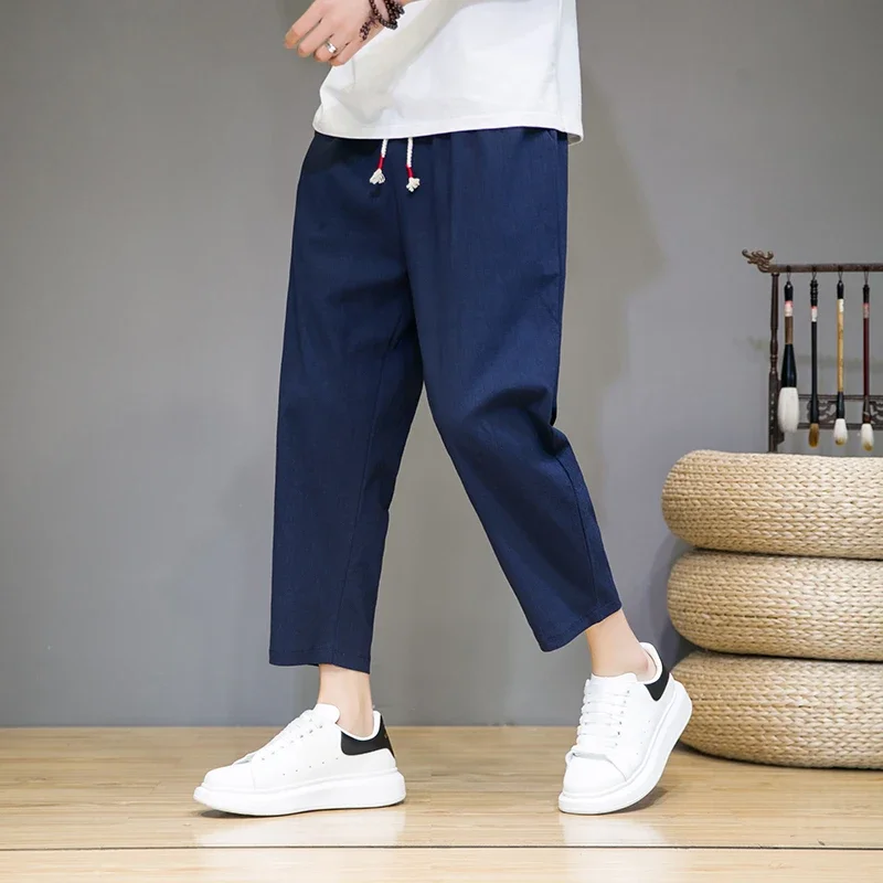 

2024 Summer Chinese Style Capris Men's Japanese Loose Feet Harun Pants Trendy Large Cotton Hemp Casual Pants