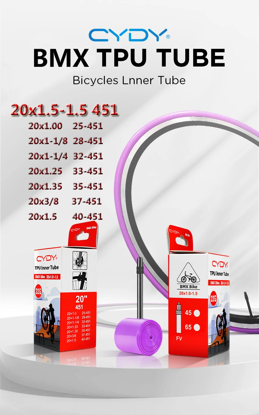 22g CYDY TPU Fahrradschlauch 20' 451 20x1.0 1-1/8 1-1/4 1.25 1.35 1-3/8 1.5 Ventillänge 45/65mm BMX Fahrradreifen – Detail 1