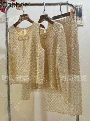 

Women's Clothing Fashion Crew Neck Versatile Bead Pearl Slim Dress Mini Skirt Long Sleeves Top Y2k Clothes Pullovers Female