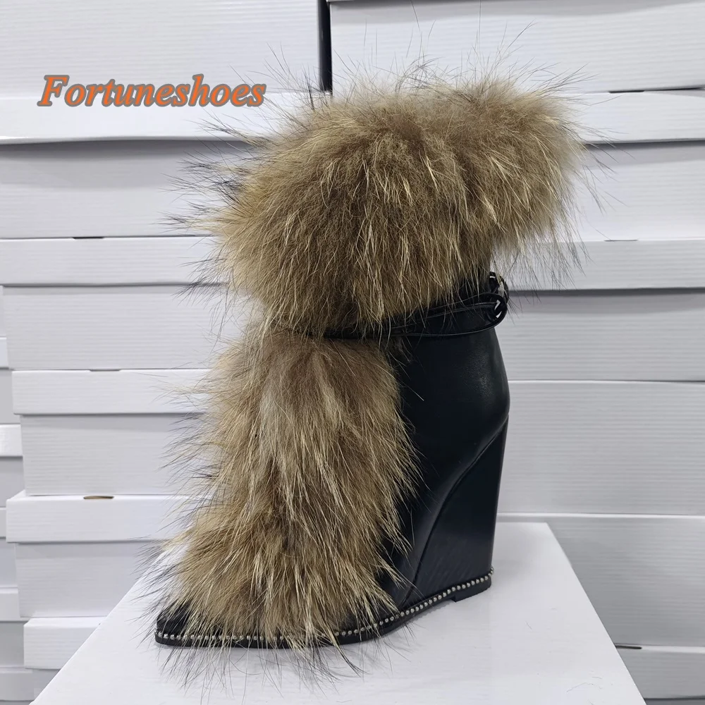 

Real Fur Pointed Toe Boots Wedges High Heel Women Solid Black Boots Front Strap Fashion Casual 2025 New Arrivals Winter Boots