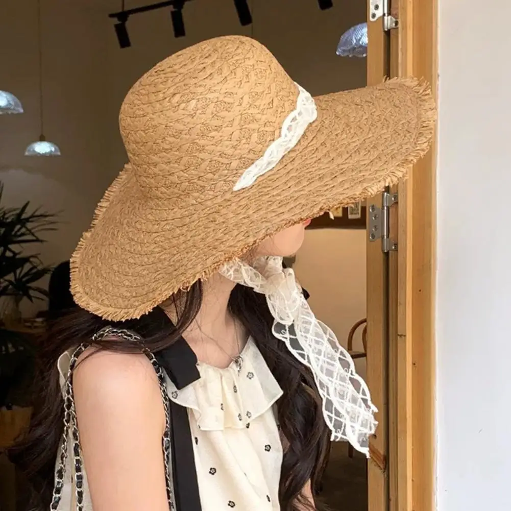 Straw Sun Hat Summer Travel Hat Women’s Summer Beach Hat Breathable Wide Brim Sun Protection Lace Braided Strap for Outdoor
