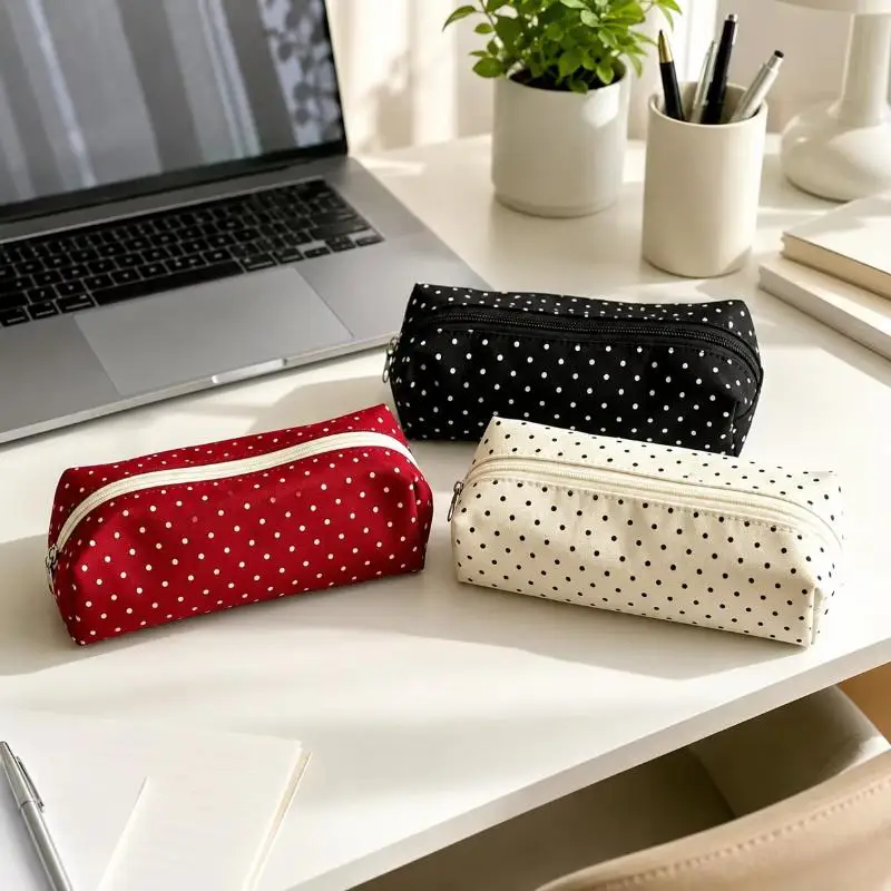 Canvas Polka Dot Pencil Case Simple Aesthetic Stationery Pouch Portable Small Storage Bag For Students Back To School Supplies