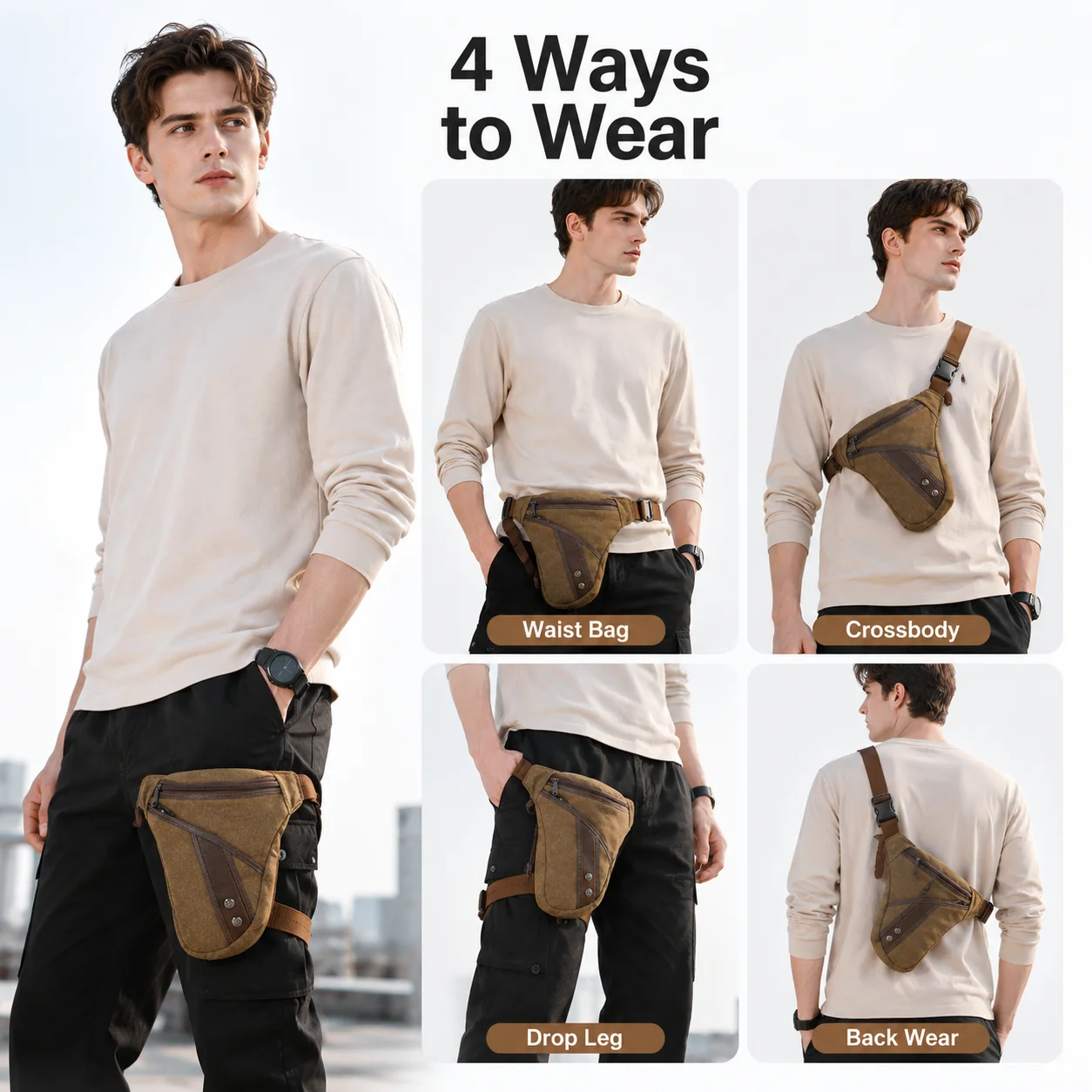 Men Canvas Drop Leg Bag Military Motorcycle Waist Fanny Pack Multi-purpose Crossbody Hip Bum Shoulder Bag - view 2