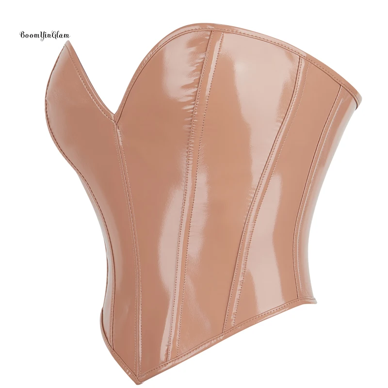 Women Khaki PVC Leather Push Up Corset Tops Fashion Bustier Lingerie Tops Vintage Bodyshaper