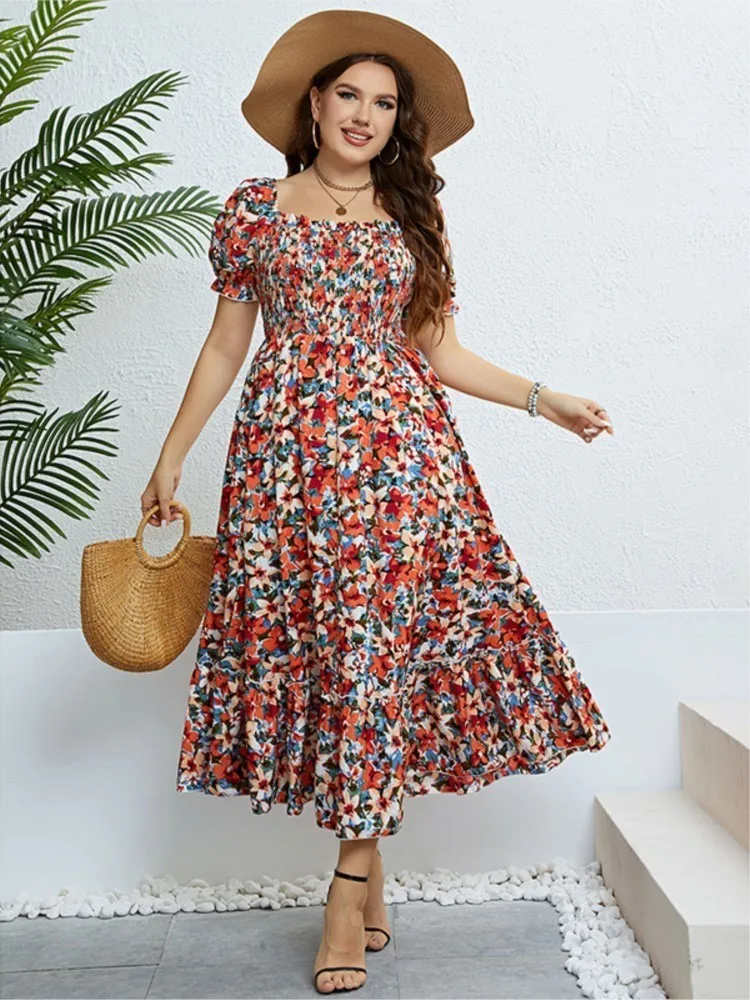 Plus Size Summer Boho Floral Beach Dress Women Elegant Slim Laides Dresses 3xl 4xl Fashion Long Woman Dress 2023 Vestido Mjuer