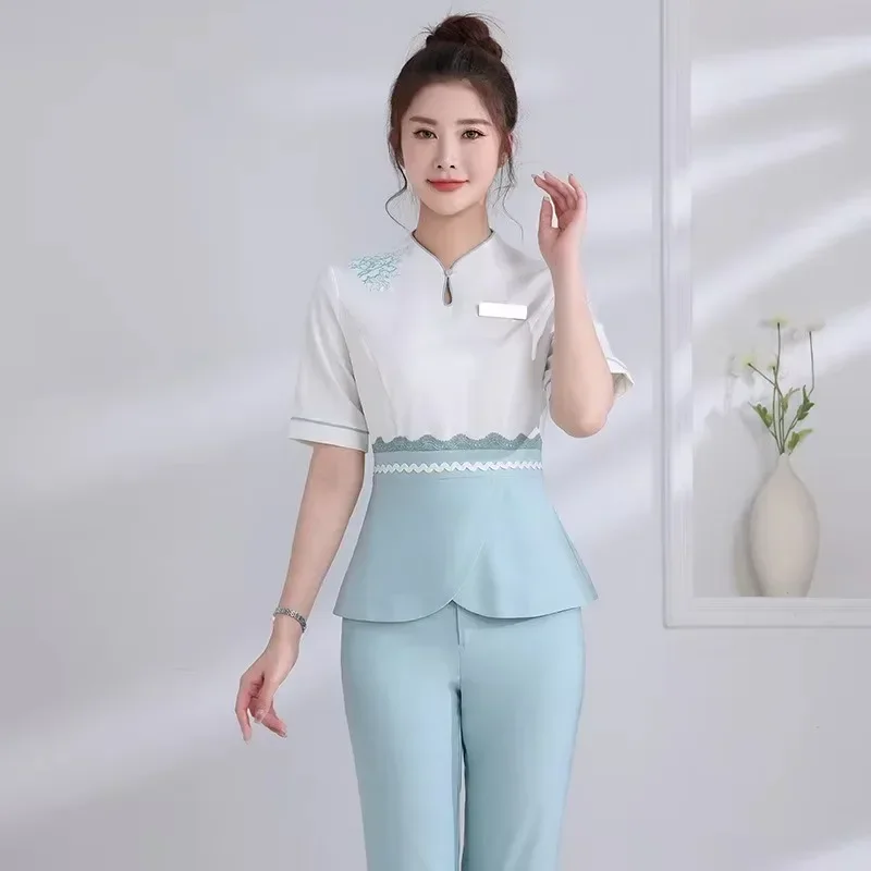 

Esthetic Uniform Summer Short Sleeve Beauty Salon Suit Women's Spa Beautician Clothing Hotel Massage Workwear Korean Overalls