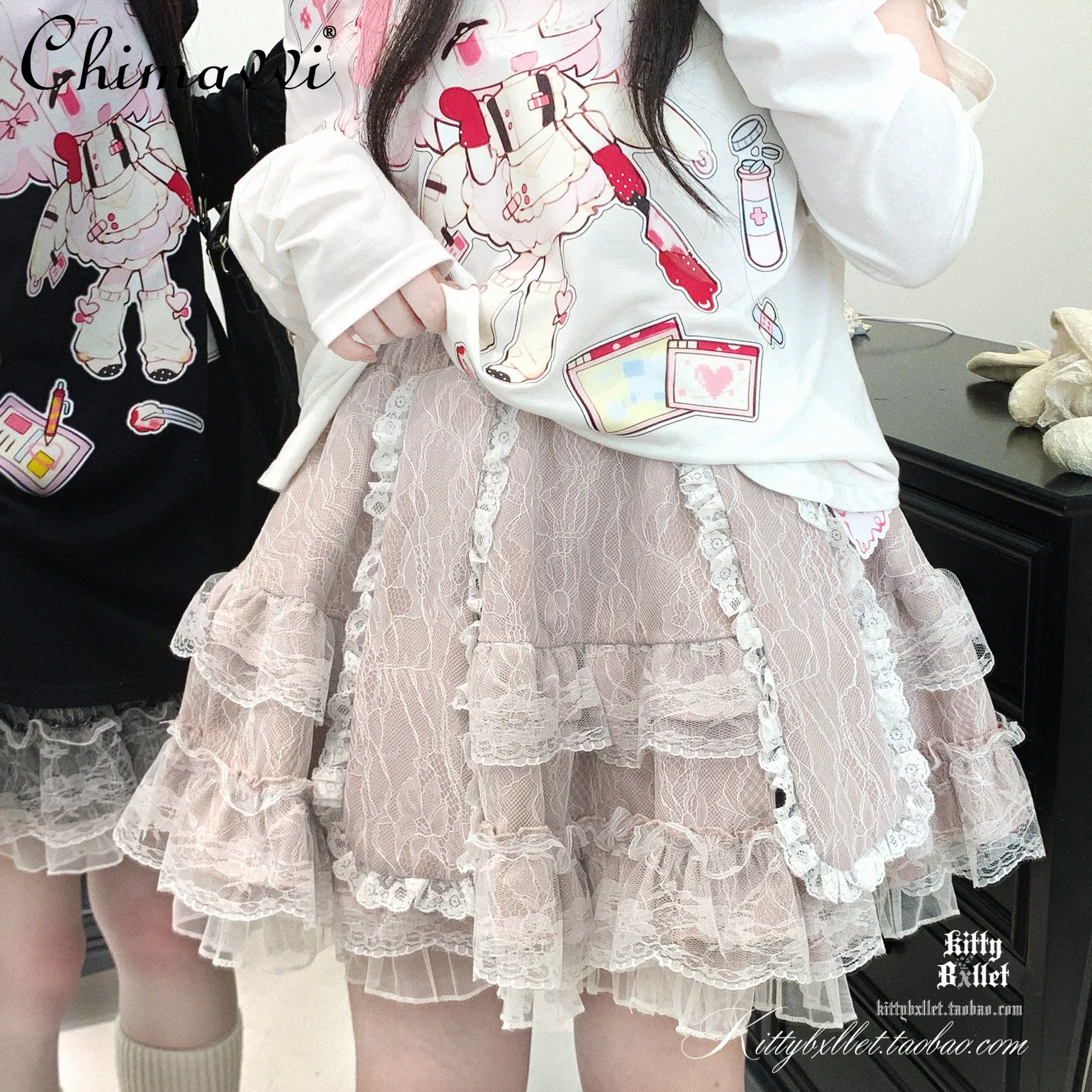 

Оригинальная двухслойная пышная юбка в японском стиле с кроличьими ушками и кружевной отделкой, весенняя новая милая юбка Kawaii Lolita для девочек