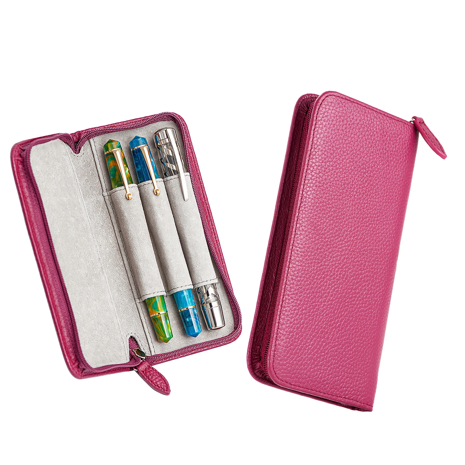 3 Slots Real Leather Fountain Pen Case, Rose Red Holder Pouch Bag Waterproof for 3 Fountain Pens Pencil for Rollerball Ballpoint