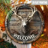 Round Deer Antler Welcome Sign - Country Style Wooden-Look Wall Decor, Synthetic Horizontal Hanging Art for Home