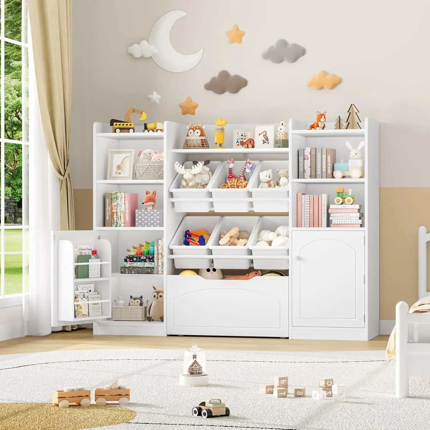 [سعر مخفض، حار بيع! منظم تخزين الألعاب مقاس 55 بوصة، رف كتب للأطفال 5 في 1 مع درج متحرك وأرفف كتب خلف المهام