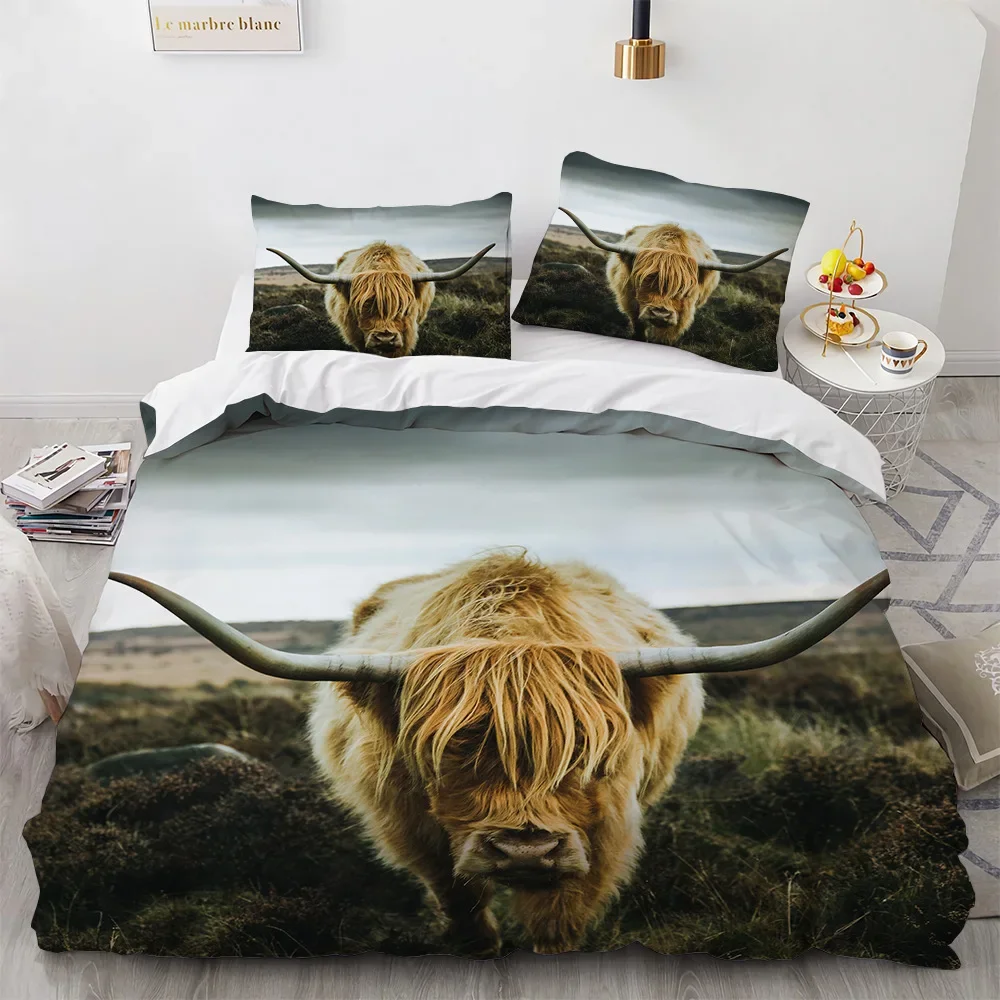 Highland Cow Duvet Cover King/Queen Size, Farm Animal Bull Bedding Set, Funny Cute Herbivores Duvet Cover For Kids Boys Girls