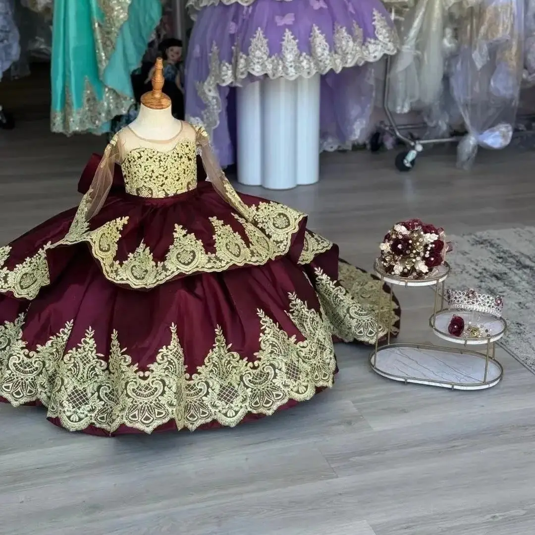 ชุดเดรสเด็กผู้หญิงสำหรับงานแต่งงาน พร้อมโบว์ ลูกไม้ประดับ ชุดเดรสยาวถึงพื้นสำหรับถ่ายภาพ ชุดเดรสสำหรับพิธีศีลมหาสนิท สามารถสั่งตัดได้