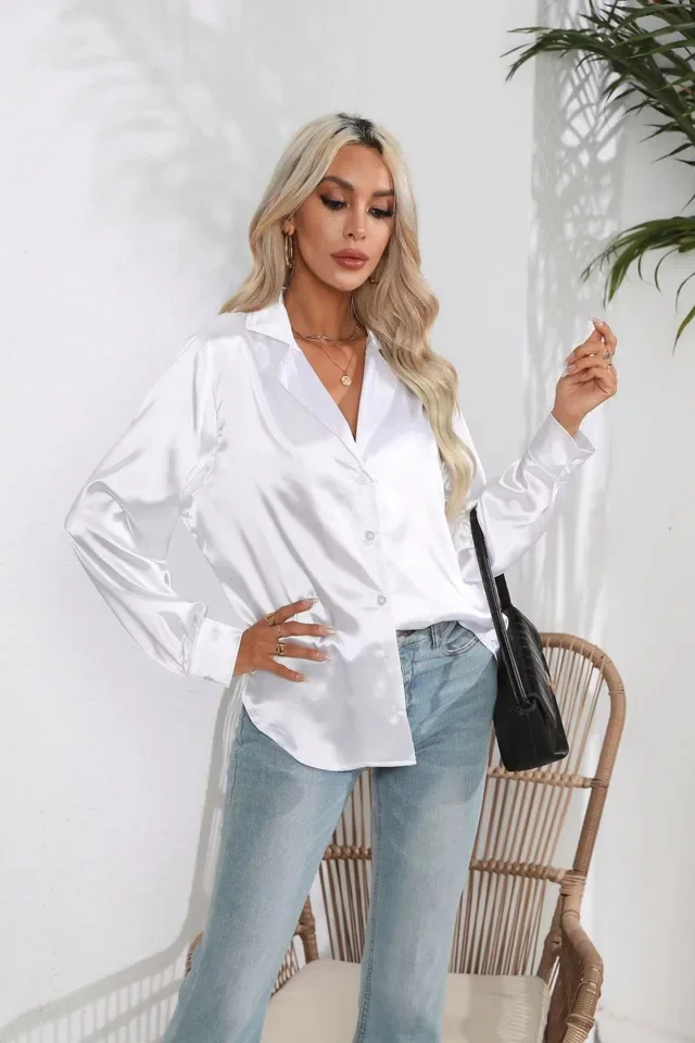 Elegant Women's Shirt Satin Silk Long Sleeve Shirt Summer Solid Office Lady Lapel Button Blouse Women Tops Clothing