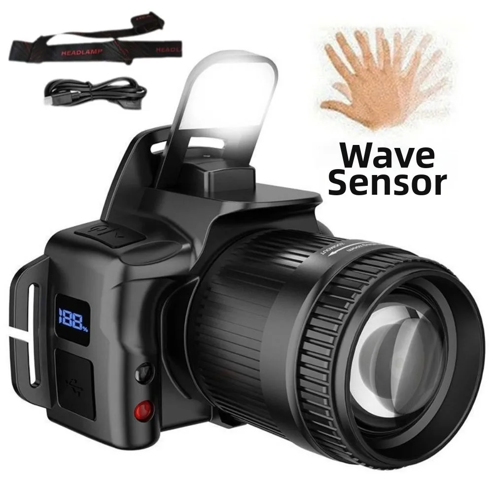 Telescopic Zoom Super Bright Headlight Waterproof Multifunctional Strong Light Led Headlamp Digital Display Black