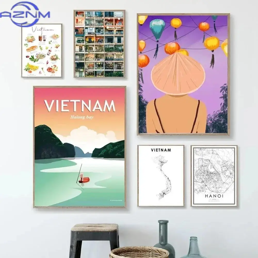 AZNM Pintura em Tela Vintage da Baía de Halong, Vietnã, Pôster de Arte de Turismo e Paisagens de Viagem para Decoração de Parede, Decoração de Casa, Presente para Viajantes