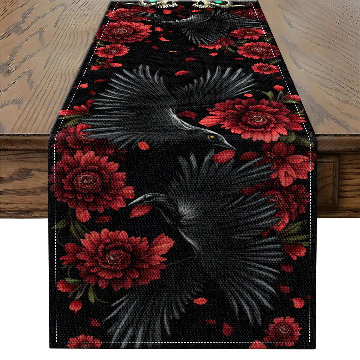 1 Piece of Dark Skull and Crow Themed Table Runner with Skull Crow and Red Flower Patterns, Suitable for Gothic Spaces and Dark Parties
