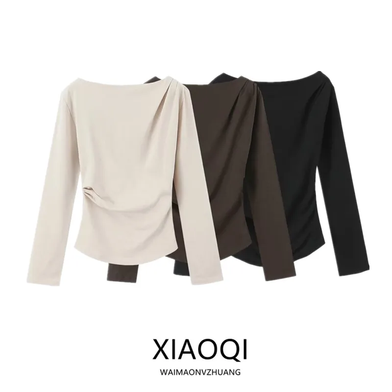 Spring 2025 Women's Long Sleeve T-Shirt New Arrival Side Pleat Decorative Design Commute Style Regular Length Other Material ...