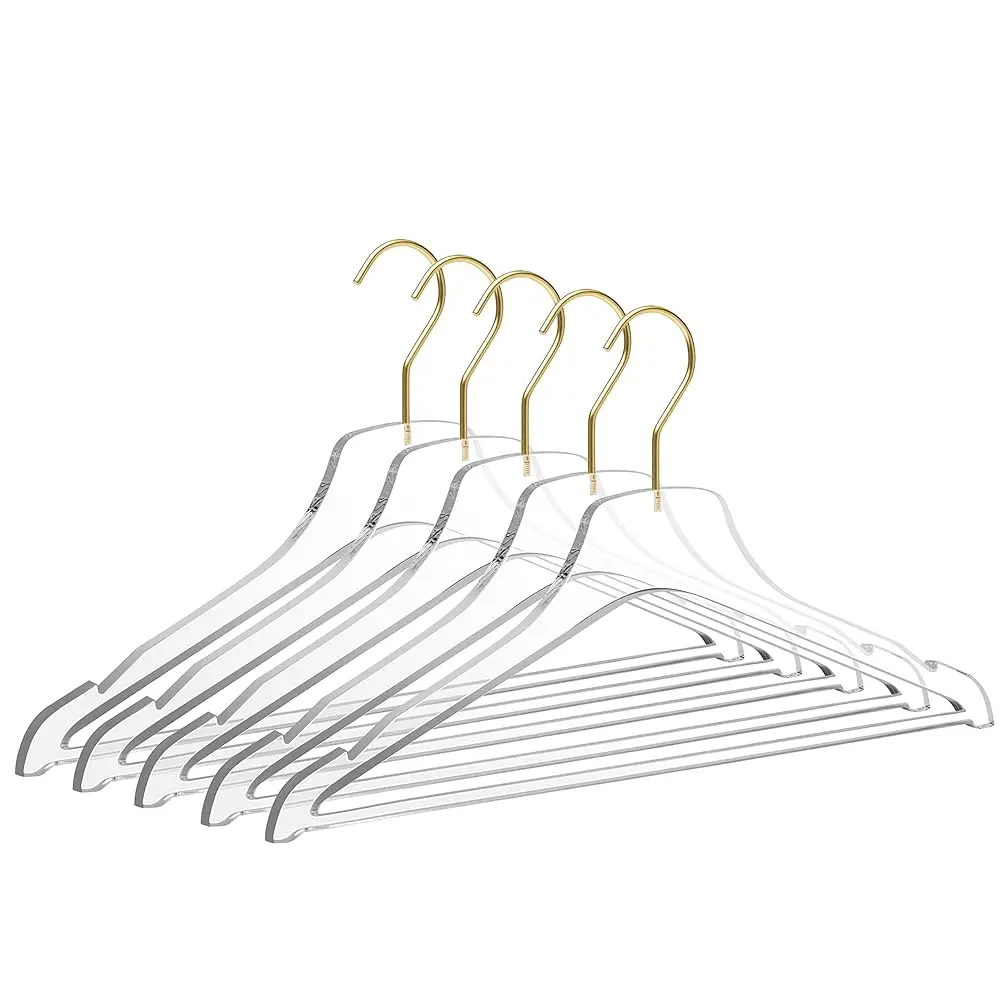 

Acrylic Clear Lucite Hangers - 5-Pa With Bar Matte Gold Hooks - Hangers For Clothes Like Pants Suits Jackets And Shirts -