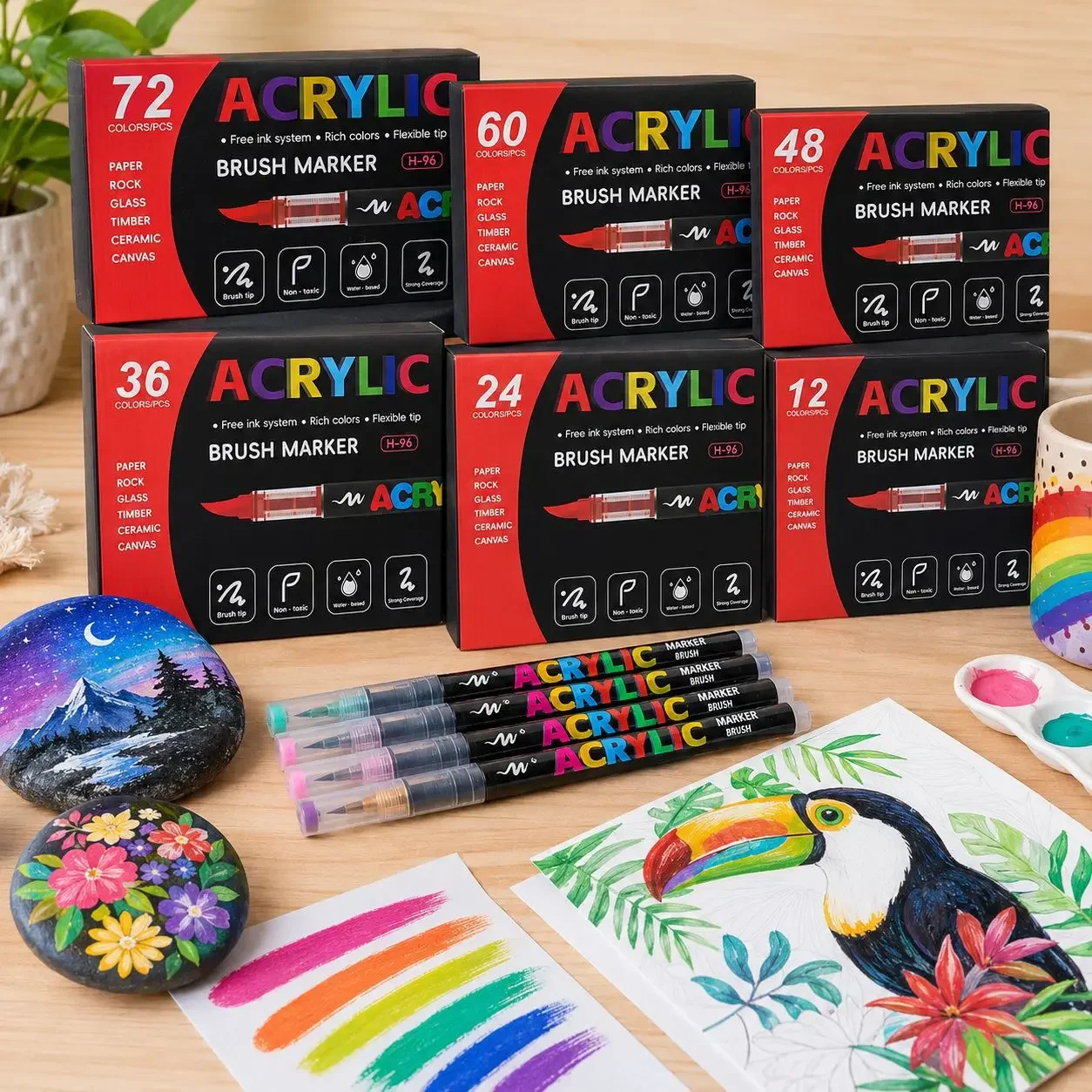 

12-72 Colors Acrylic Paint Markers Brush Tip Non-Toxic Water Based for Rock Wood canvas Stone DIY Craft Art Christmas Gift