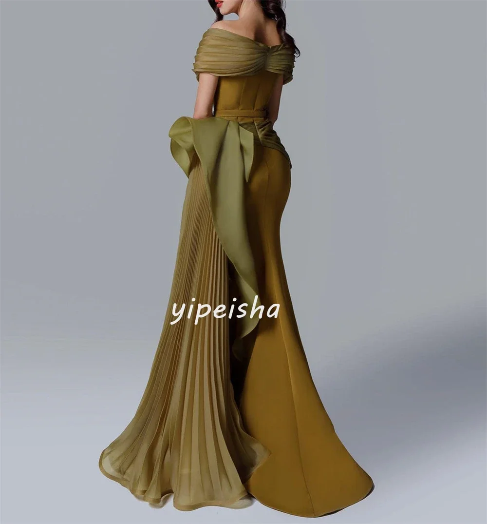 Customized Retro Fashion Jersey Sash Pleat Ruched Draped Mermaid Off-the-shoulder Long Dresses Cocktail Dresses Sizes Available