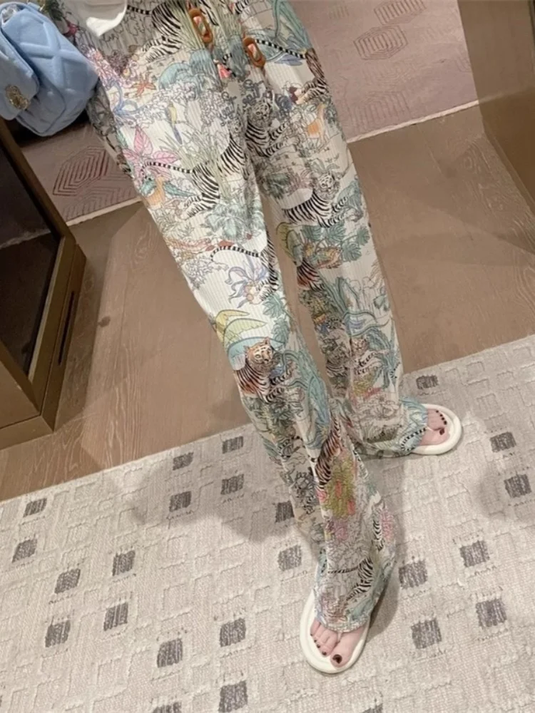 Ice Silk Tiger Pattern Wide Leg Pants Women\'s Summer Thin Home Sleepwear Straight Casual Cool Loose Fit Korean Style High Wai...