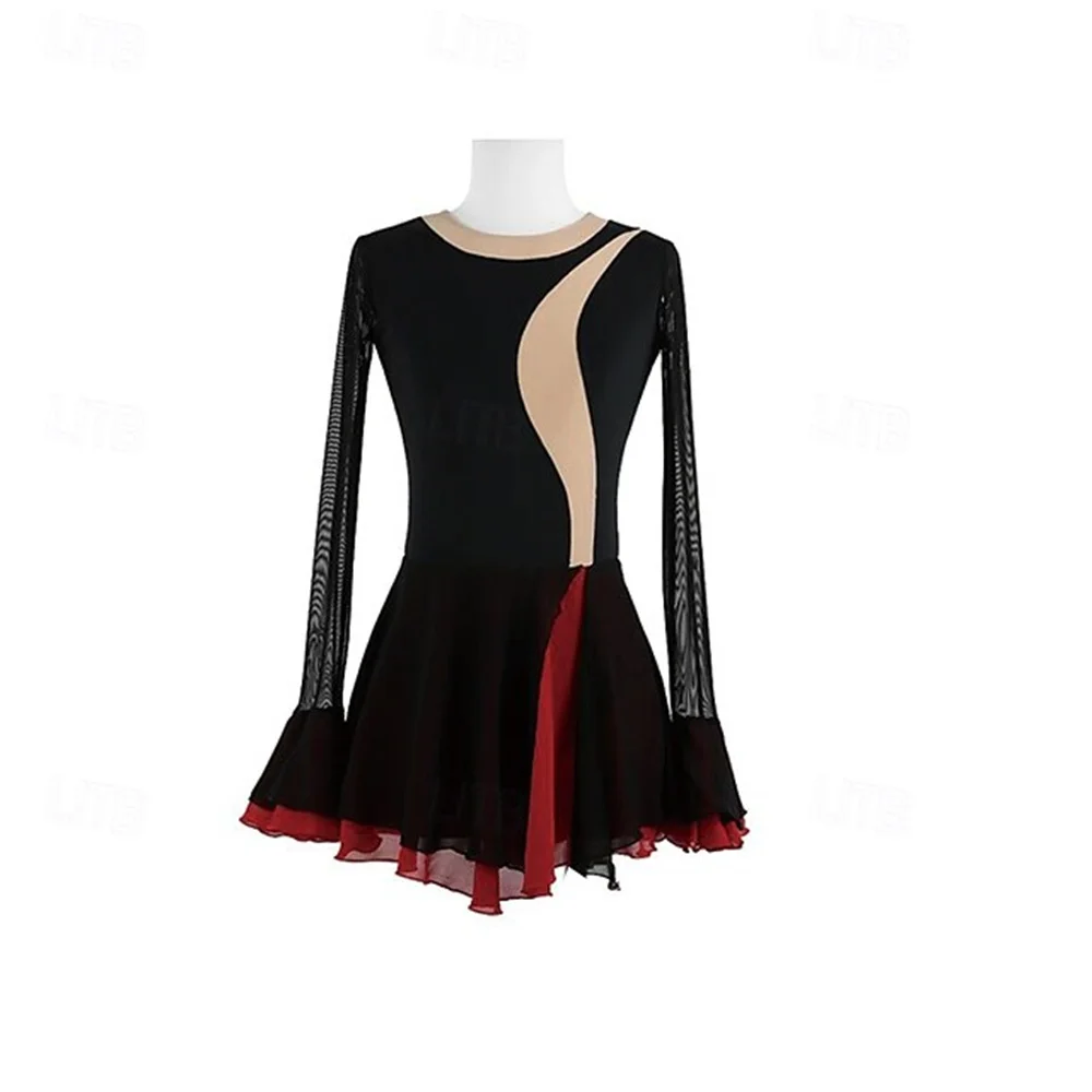 

Figure Skating Dress Girl Patchwork Thumbhole Mesh Spandex Stretchy Training Practice Professional Skating Wear Long Sleeve Ice
