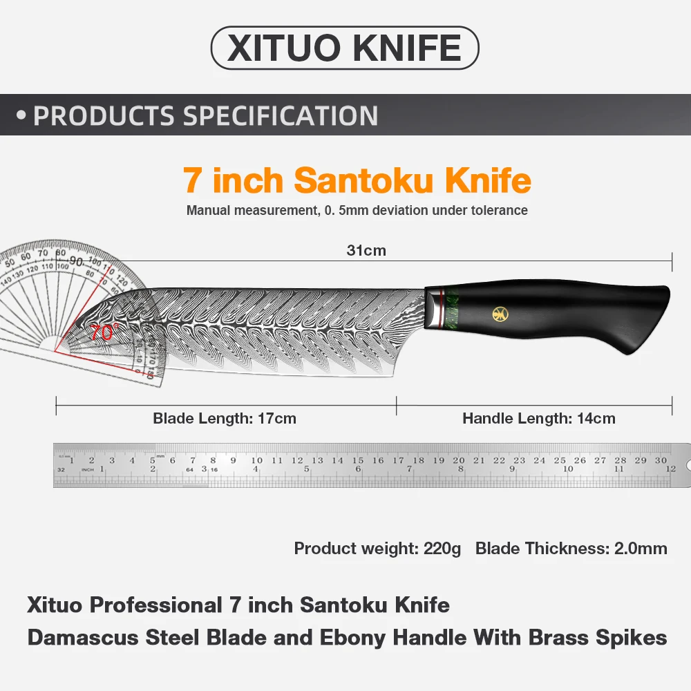 XITUO 7 Inch Damascus Steel Santoku Knife Cutting Vegetable Professional Kitchen Japanese Knives High Quality Black Ebony Handle