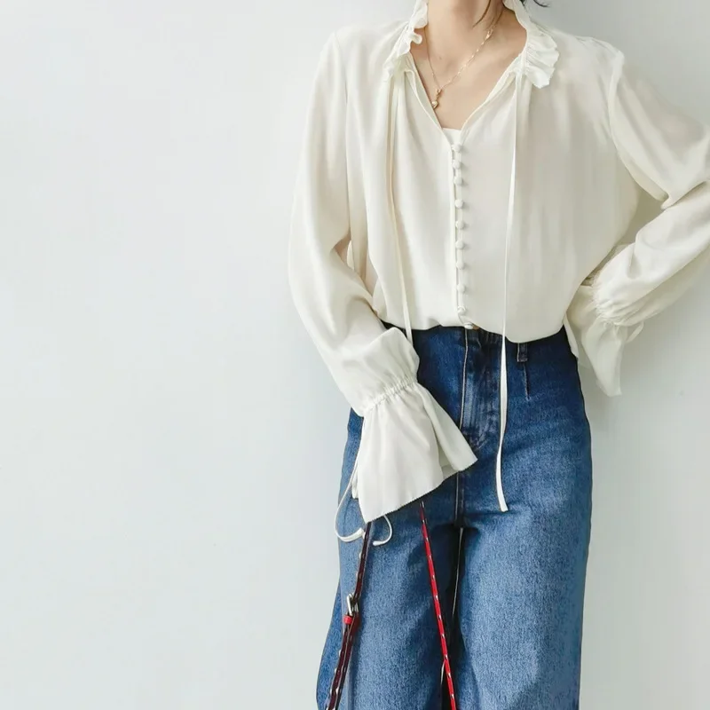 

New French court style ruffle edge lace collar pullover long sleeve sand washed silk shirt women's mulberry silk shirt