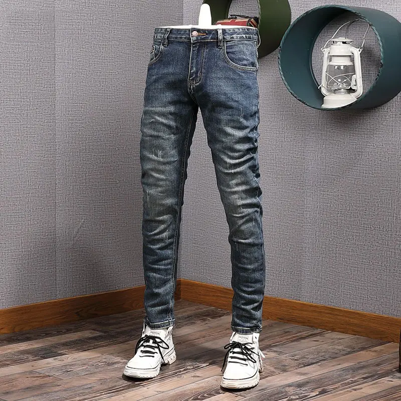 Newly Designer Fashion Men Jeans Retro Blue Stretch Elastic Slim Fit Ripped Jeans Men Vintage Casual Denim Pencil Pants Hombre