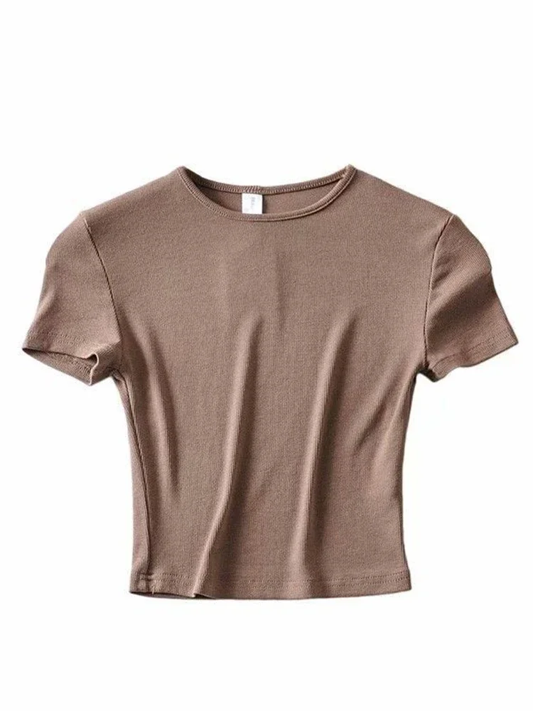 Moda Casual 2022 Estate Donna Slim Fit t-shirt attillata in cotone a maniche corte O-Collo Tee Crop Top