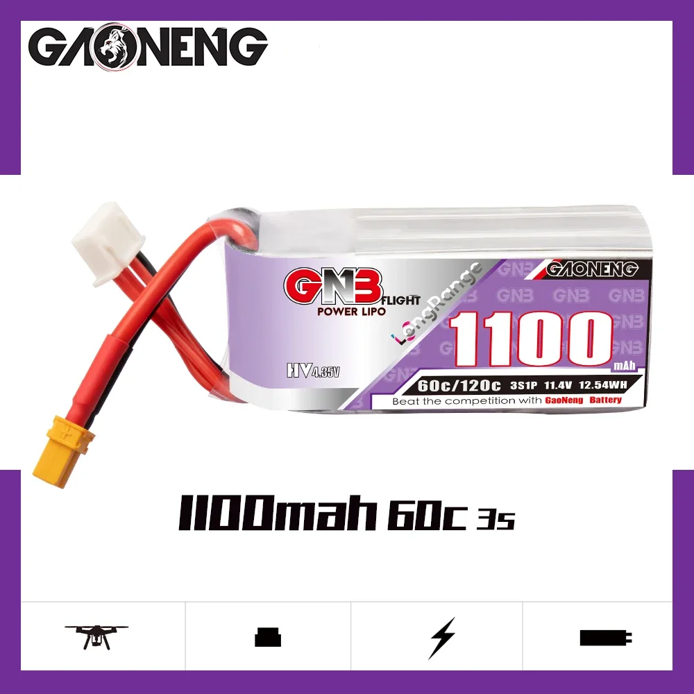 

GAONENG GNB 1100mAh HV 3S 60C 120C 11.4V XT30 LiPo Battery Long Range 2 to 3.5 inch Propeller Drone 3 to 3.5 inch Drone