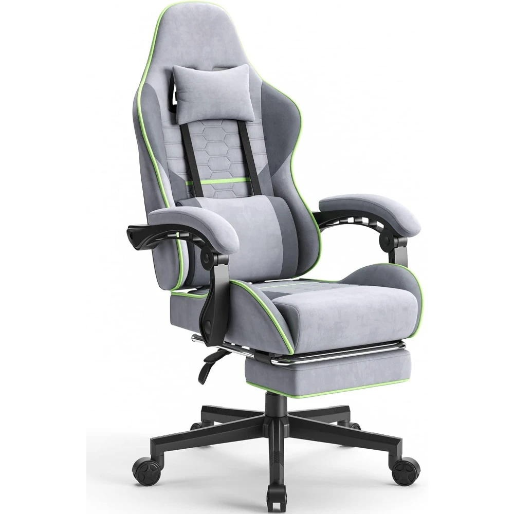 Gaming Chair Fabric with Pocket Spring Cushion, Massage Game Chair Cloth with Headrest, Ergonomic Computer Chair, Light Grey