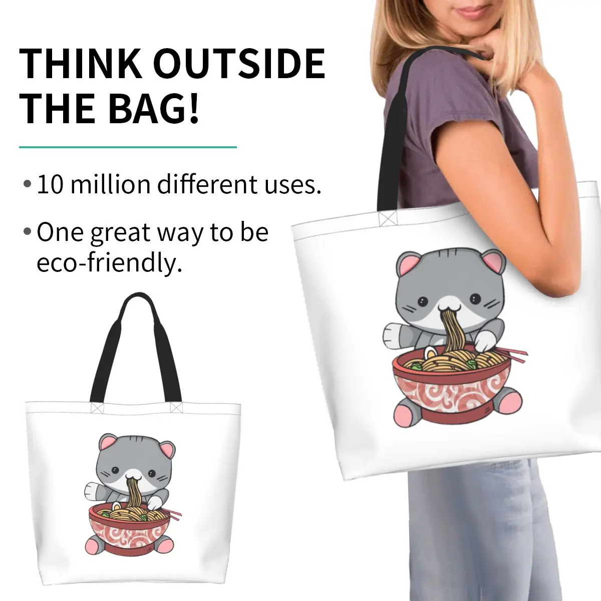 Kawaii Ramen Cat Shopping Tote Bag Canvas Large Capacity Shoulder Bags Shopper Grocery Handbag for Women