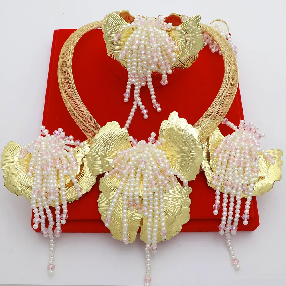 Italy Hot Selling 18k Gold Plated Jewelry Set Tassel Pearl  Necklace Earrings Bracelet Ring Wedding Party Accessories Trending